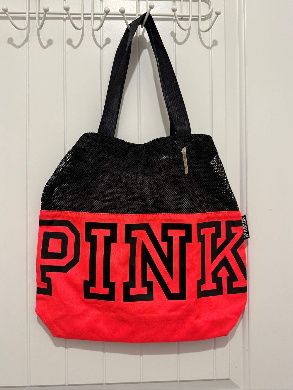 NWT PINK Victoria's Secret Black Mesh & Coral Pink Lettering Tote